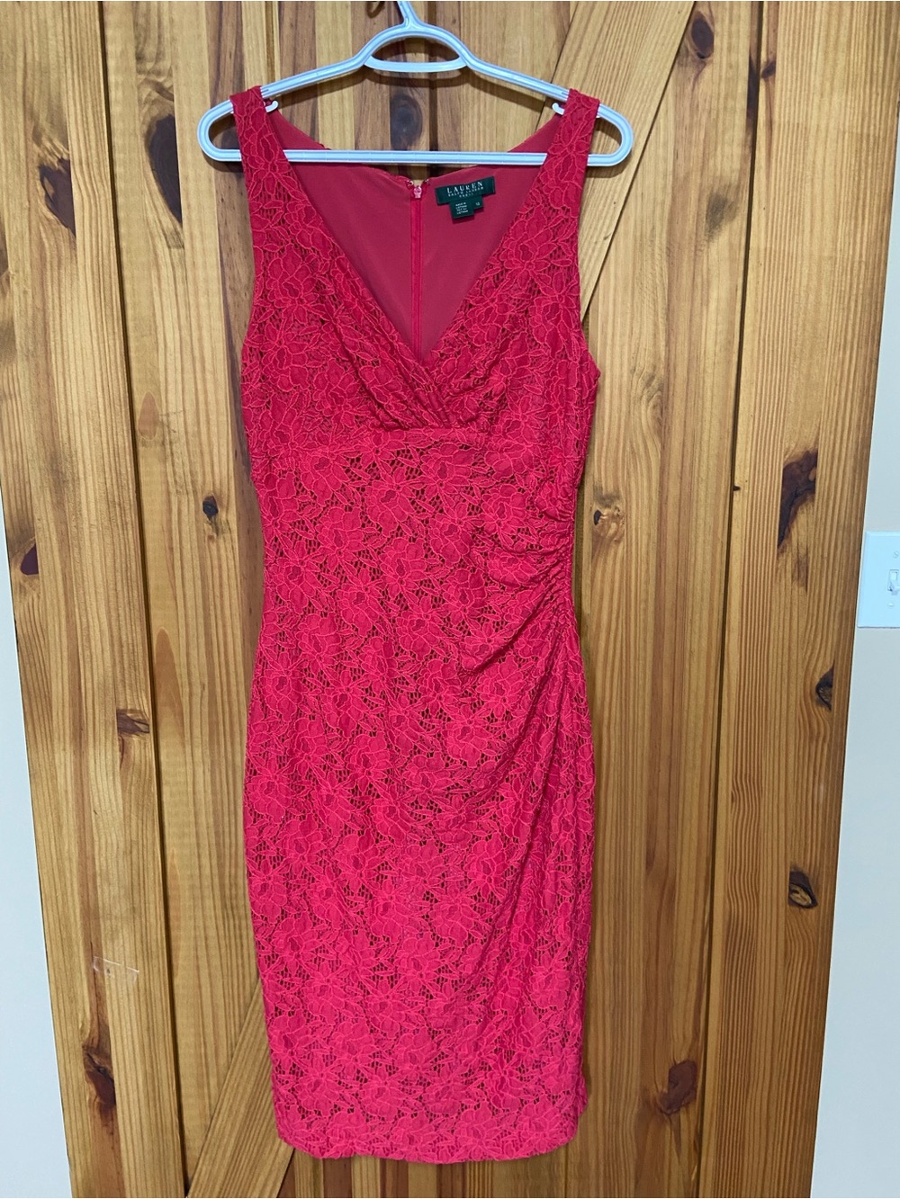 Ralph Lauren pink Lace V-Neck Midi Dress back zipper lined